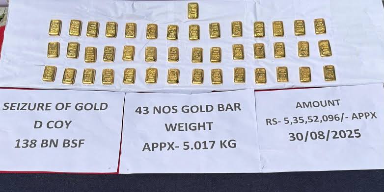 अंतराष्ट्रीय सीमा पर बीएसएफ ने जब्त किए 5.20 करोड़ के 43 सोने के बिस्कुट